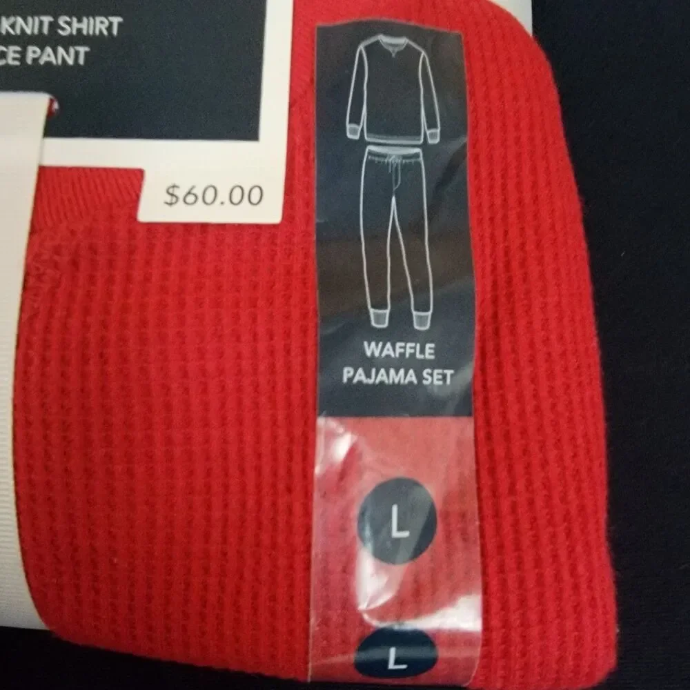 Club Room Men's Waffle Red Solid Blue Trim Top & Pants 2-Pc Pajama Set Size L